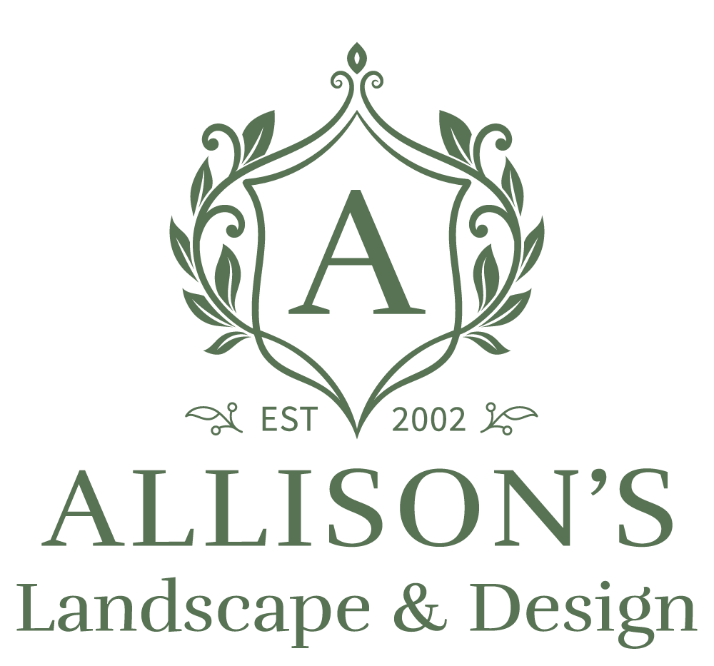 Green ornate crest with the letter "A," text "ALLISON'S Landscape & Design," and "EST 2002" underneath.