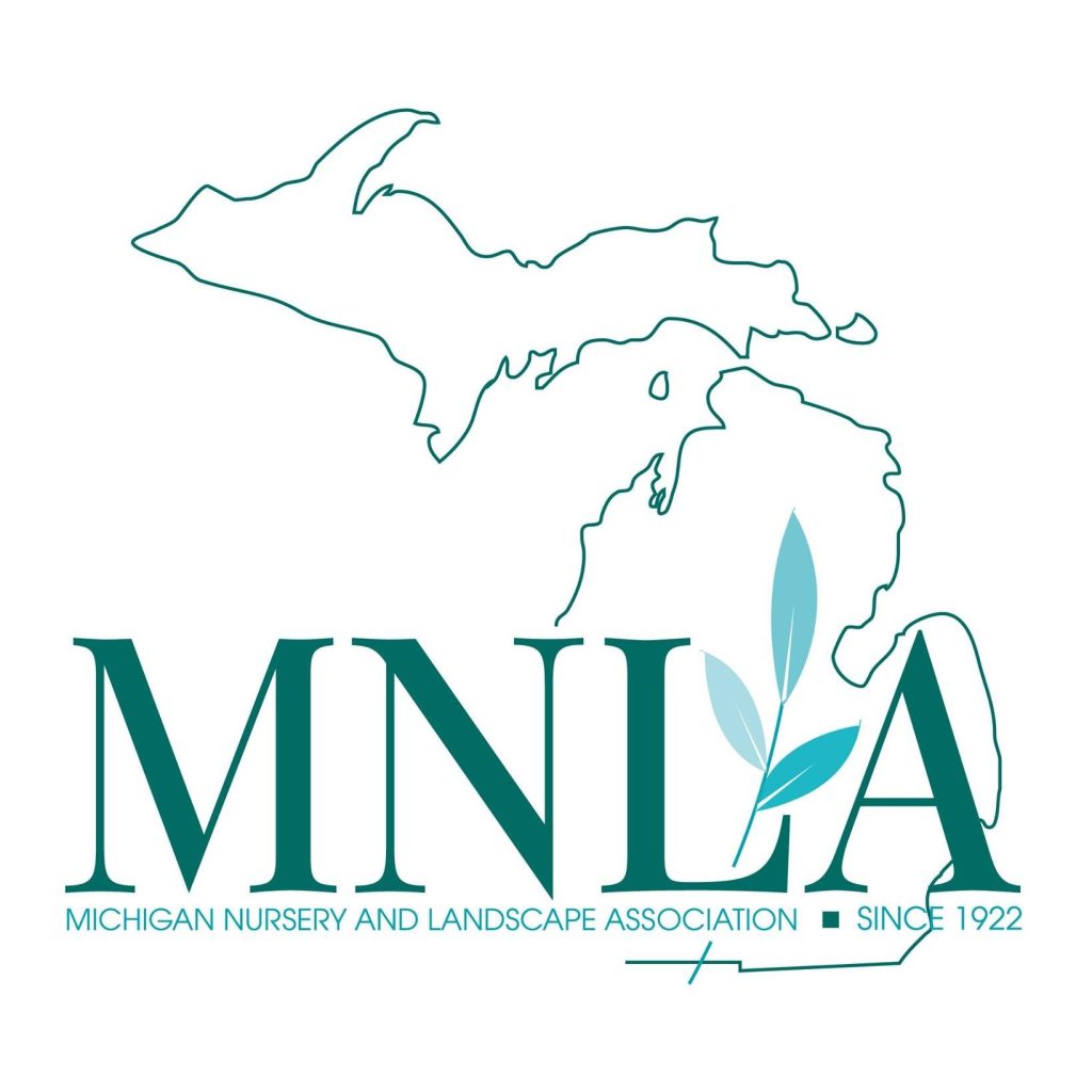 Outline of Michigan above "MNLA" with plant stems, representing Michigan Nursery and Landscape Association.