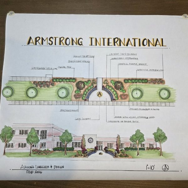 Hand-drawn landscape design plan labeled “Armstrong International” with colorful plants and building sketches.