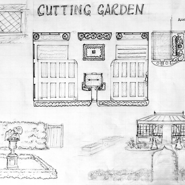 Hand-drawn garden design plan labeled "Cutting Garden" with sketches of layout, details, and plantings.